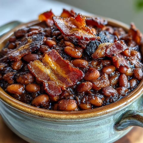 Close-up of Juneteenth BBQ Baked Beans with bacon, showcasing rich, slow-cooked, smoky sweetness.