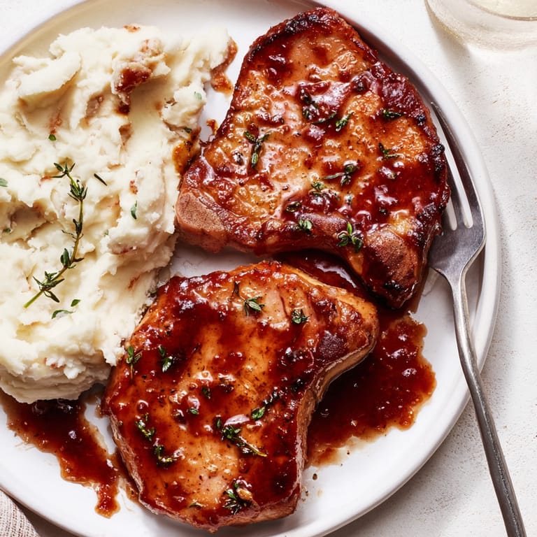 Golden, tender Maple Glazed Pork Chops nestled with rich cheddar mashed potatoes for dinner.