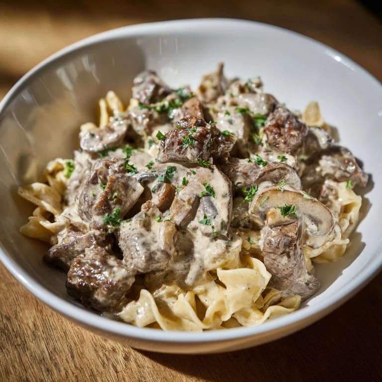Delicious creamy ranch beef stroganoff drizzled with sauce over soft egg noodles.