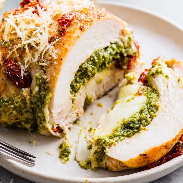 Tender Basil Pesto Stuffed Chicken Breasts infused with creamy cheeses and vibrant basil flavor.