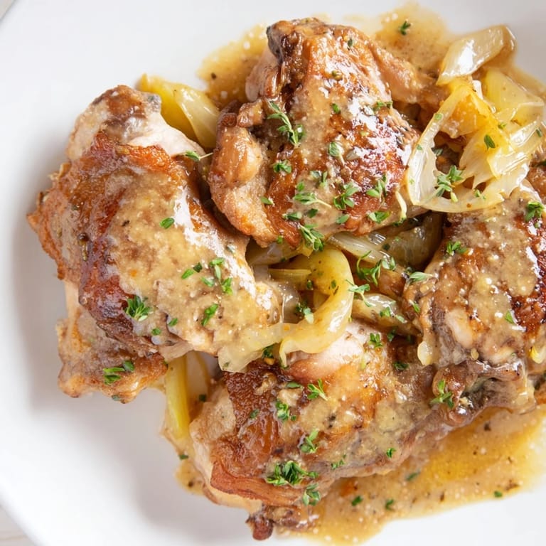 Golden-brown chicken thighs simmered in a tangy honey mustard sauce, inviting aromas.  