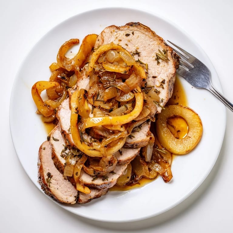 Tender Savory Apple Cider Pork Roast glistening in a flavorful apple cider sauce.