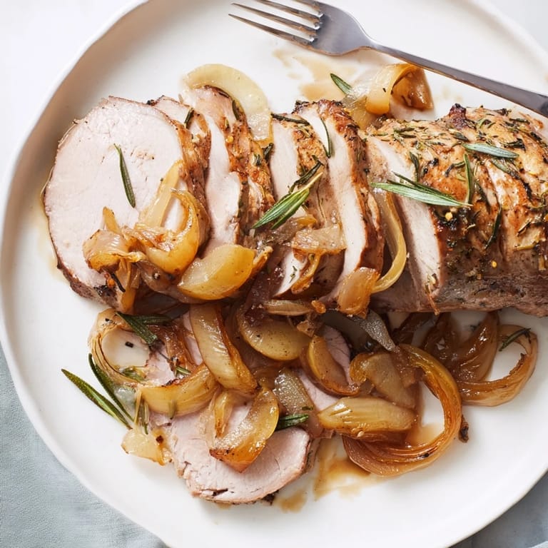 Mouthwatering Savory Apple Cider Pork Roast served with thyme-infused roasted vegetables.  