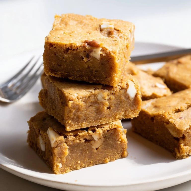 Warm, chewy blondie bars infused with maple syrup and decadent vanilla flavor.  