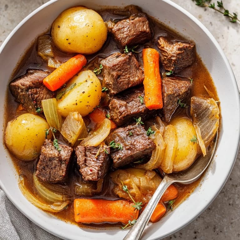 Tender beef chunks and caramelized onions simmering in a savory stew pot.  