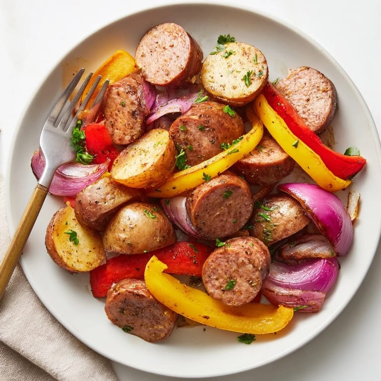 Delicious Smoky Sausage and Potato Sheet Pan, golden potatoes and smoky flavors roasted together.  