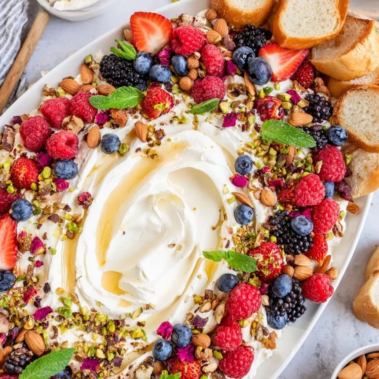 Vibrant Butter Board Dessert featuring whipped cream cheese and colorful berry toppings.  