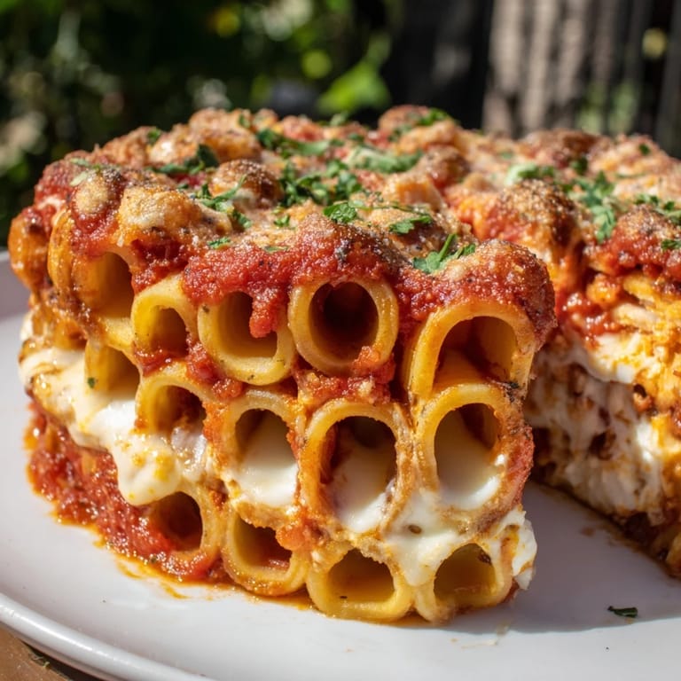 A stunning honeycomb pasta cake, golden cheese melting over vibrant rigatoni tubes.