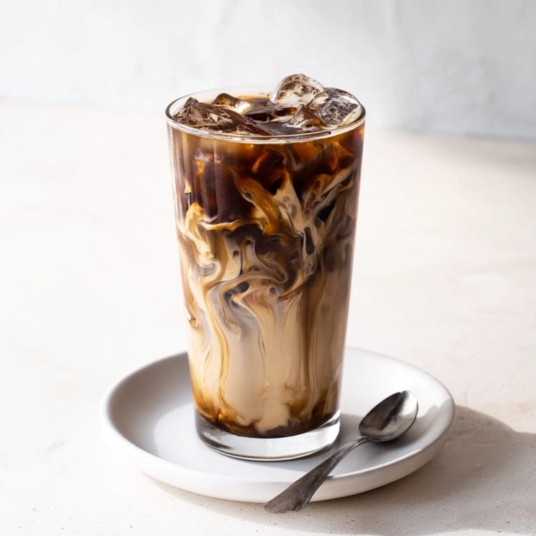 Indulgent tahini iced coffee garnished with a drizzle of tahini and cocoa powder.