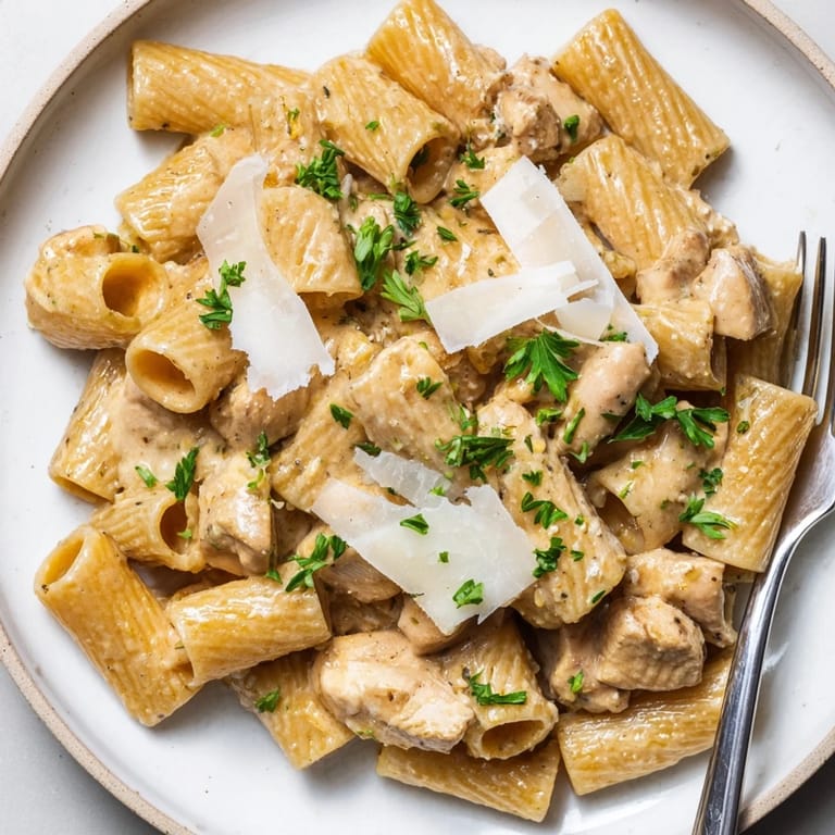 Delicious Creamy Garlic Parmesan Chicken Rigatoni, perfect for cozy dinners or gatherings.