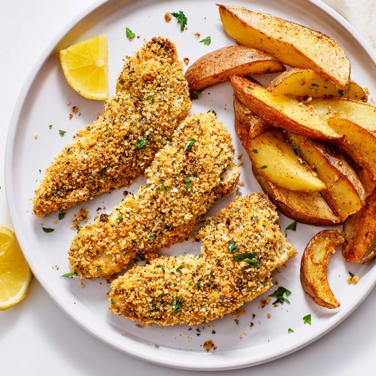 Delicious herbed chicken tenders served alongside golden potato wedges and fresh parsley.