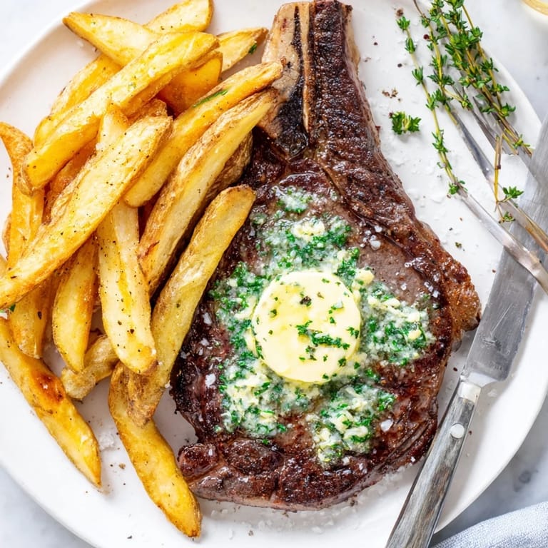 Tender ribeye steak topped with rich garlic butter, complemented by golden, crunchy fries.  