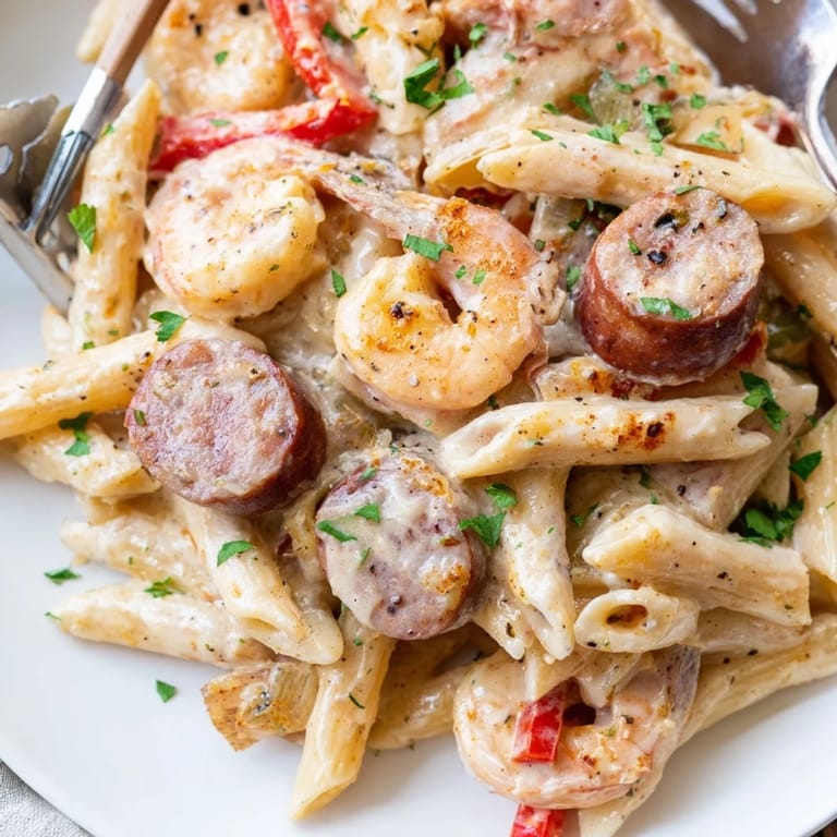 One-pan Cajun Sausage & Shrimp Alfredo Pasta with rich flavors and vibrant colors.  