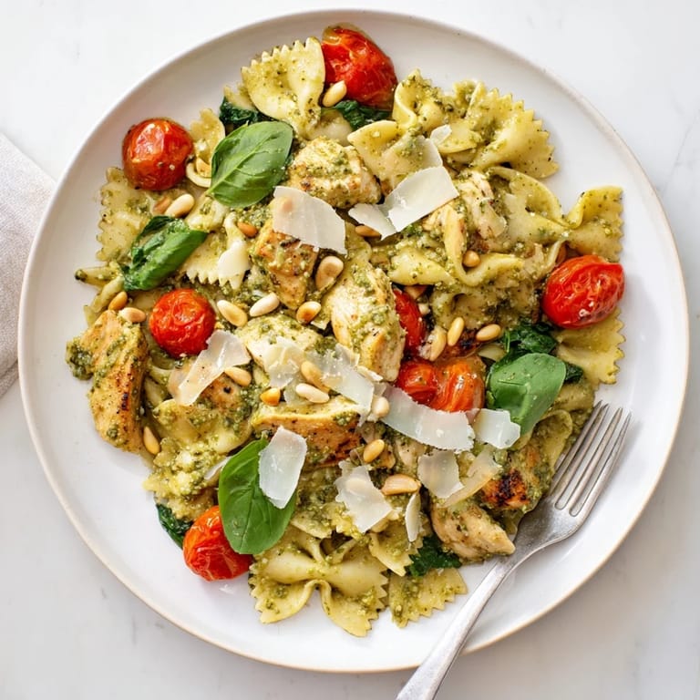 Vibrant Pesto Chicken Bowtie Pasta plates adorned with cherry tomatoes and spinach.