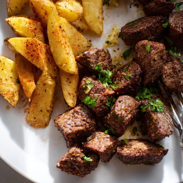 Spicy blackened steak bites garnished with fresh parsley and crunchy fries beside them.