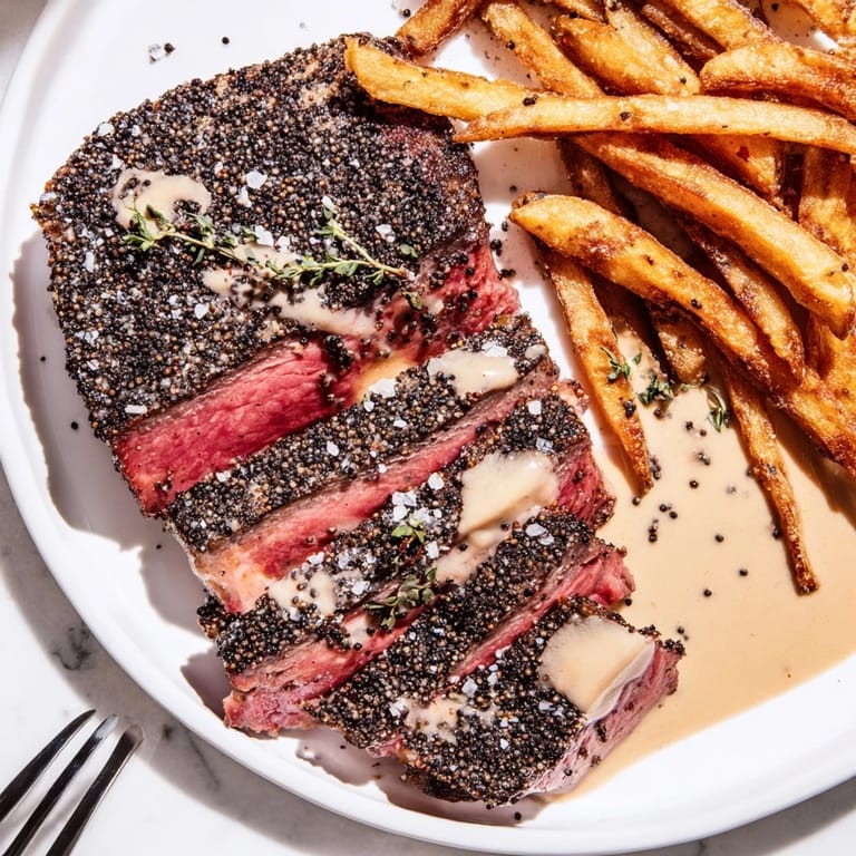 Tender classic peppercorn ribeye grilled to perfection, complemented by crispy fries for indulgence.