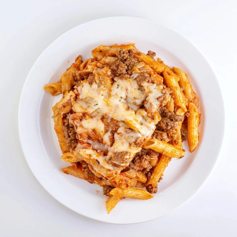 Delicious layers of Cheesy Beef & Penne Bake, featuring savory ground beef and pasta.