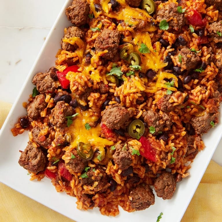 A close-up of a bubbling Tex-Mex Beef & Rice Casserole, showcasing the tender rice and seasoned ground beef.