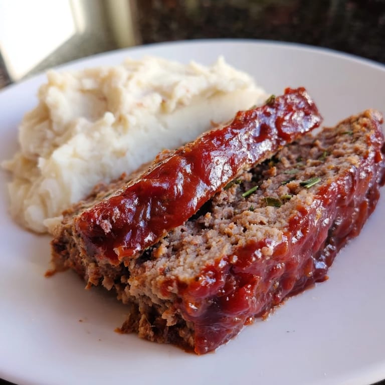 Tender meatloaf slices sit beside creamy mashed potatoes, the perfect comforting American meal.