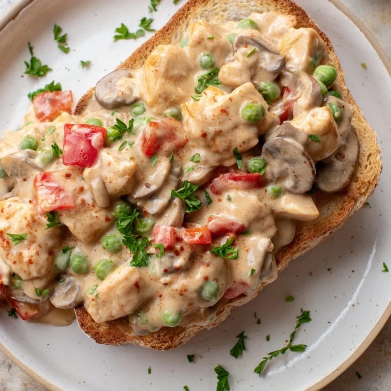 Warm, rich chicken à la king with tender chicken and veggies ladled on perfectly toasted bread.