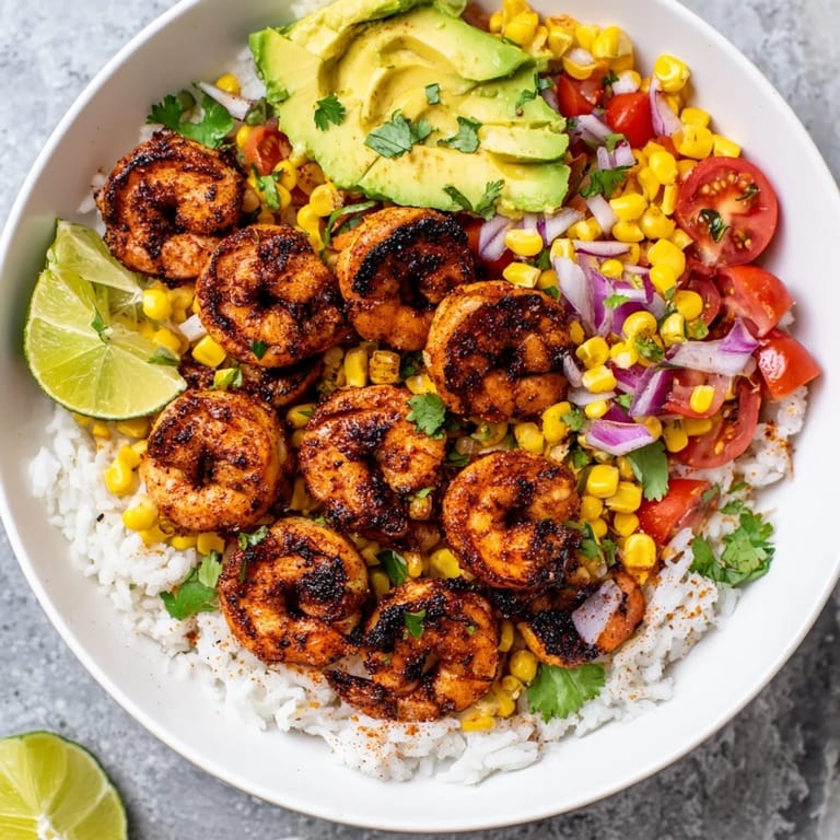 Imagine succulent grilled shrimp topping a fluffy rice base with fresh avocado corn salsa.