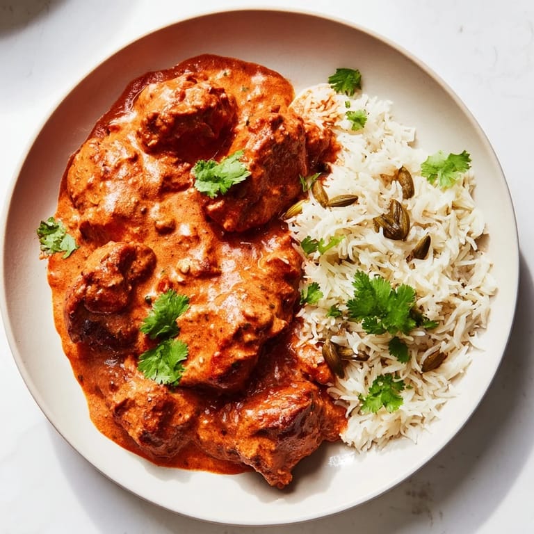 See the golden-hued Butter Chicken & Rice Pilaf, a comforting Indian dish perfect for dinner tonight.