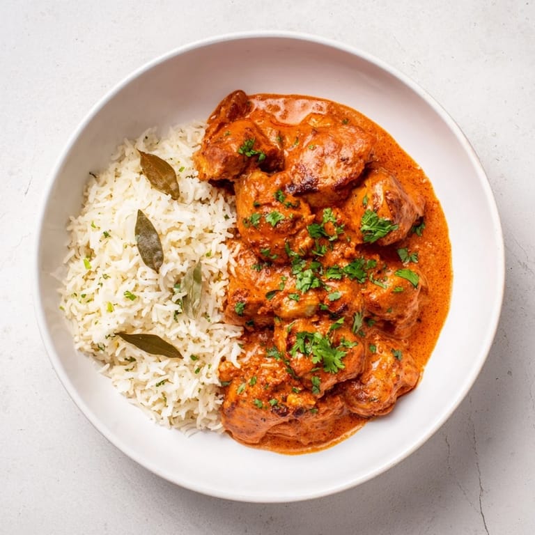 This photo displays a vibrant Butter Chicken & Rice Pilaf, the rich sauce coating tender chicken pieces.