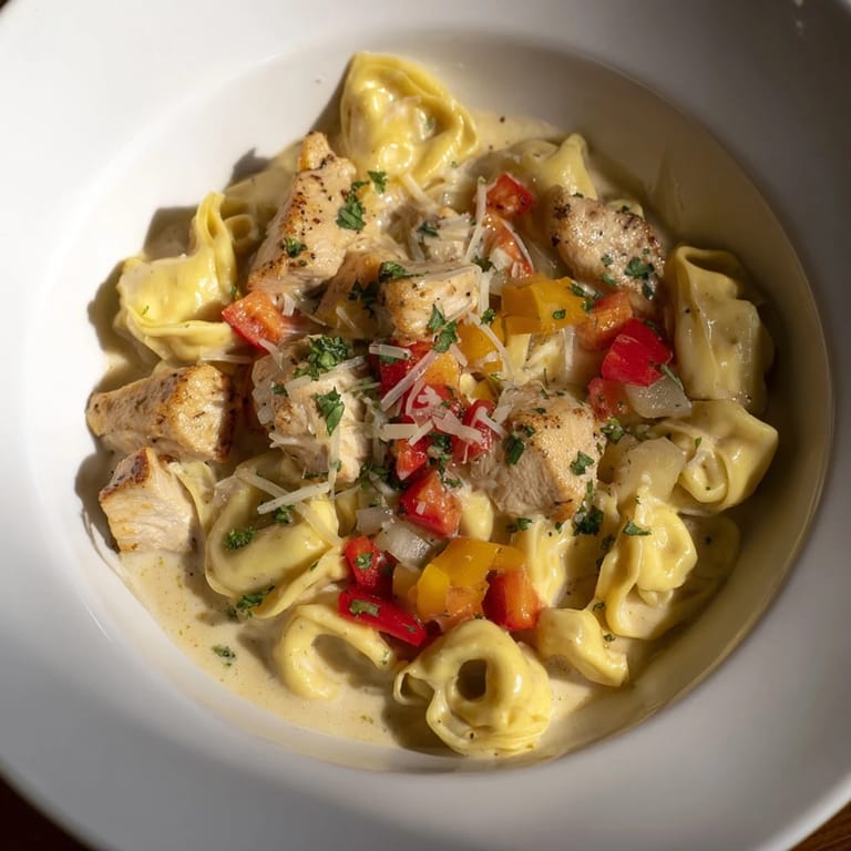 Sizzling Zesty Cajun Garlic Parmesan Chicken Tortellini; chicken pieces nestled in a rich, spicy cheese sauce.