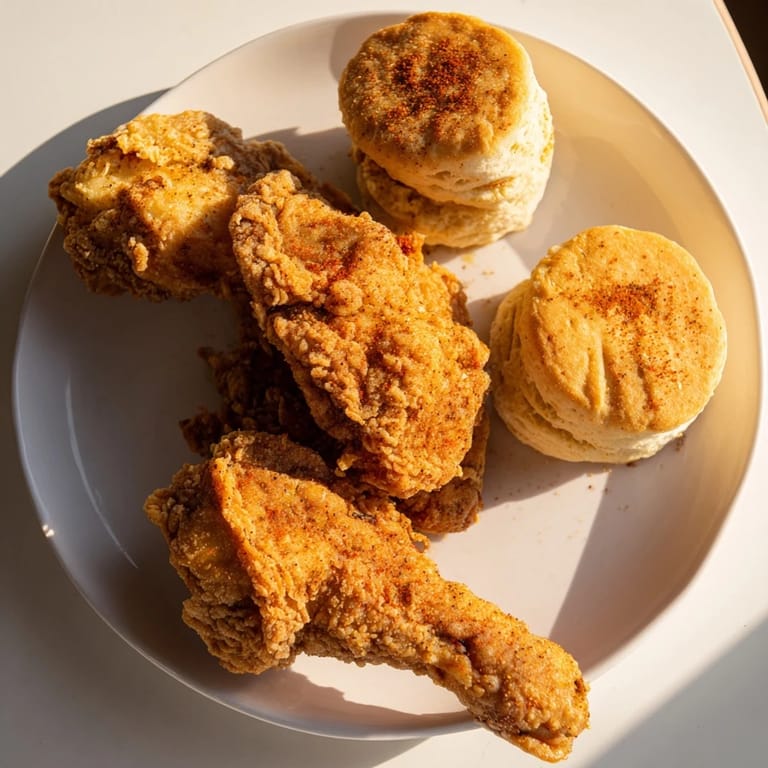 Crispy, seasoned Southern Fried Chicken next to warm, fluffy buttermilk biscuits on a white plate.