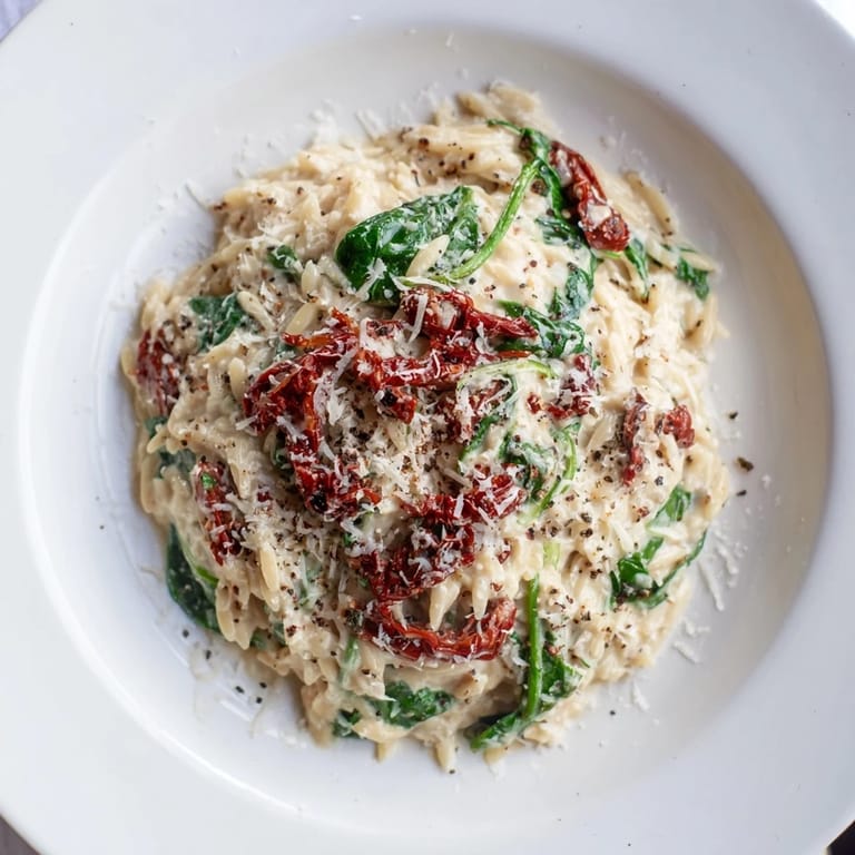 Flavorful Creamy Tuscan Orzo Bowl, garnished with Parmesan cheese, promising a savory Italian meal.