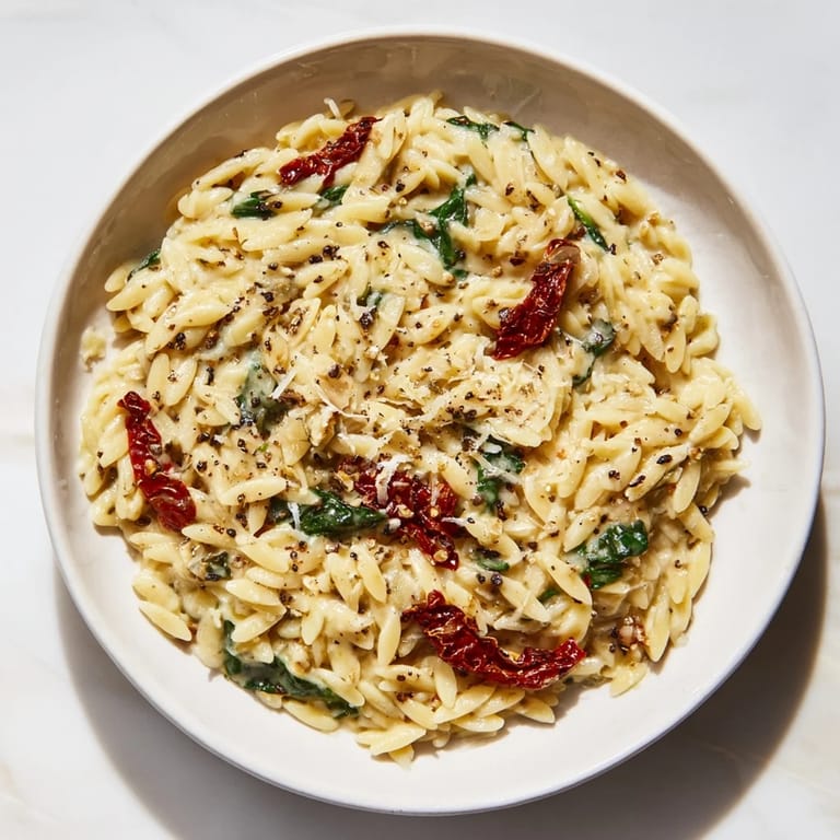 Close-up image of a vibrant Creamy Tuscan Orzo Bowl, showcasing the creamy sauce and fresh spinach.