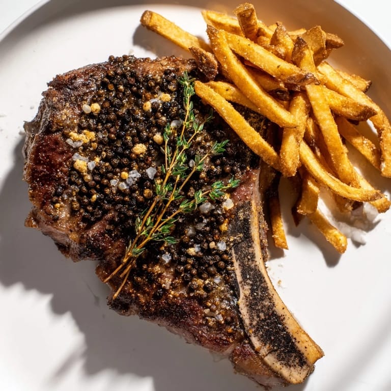Imagine tender Classic Peppercorn Ribeye coated with cracked pepper, served with crispy, golden fries and sauce.