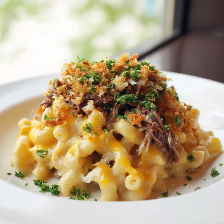 Creamy mac and cheese layered with smoky pulled pork, crowned with crispy, golden topping.