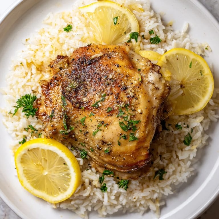 Tender, juicy Lemon Pepper Chicken ready to be enjoyed, accompanied by a bed of perfectly cooked rice.