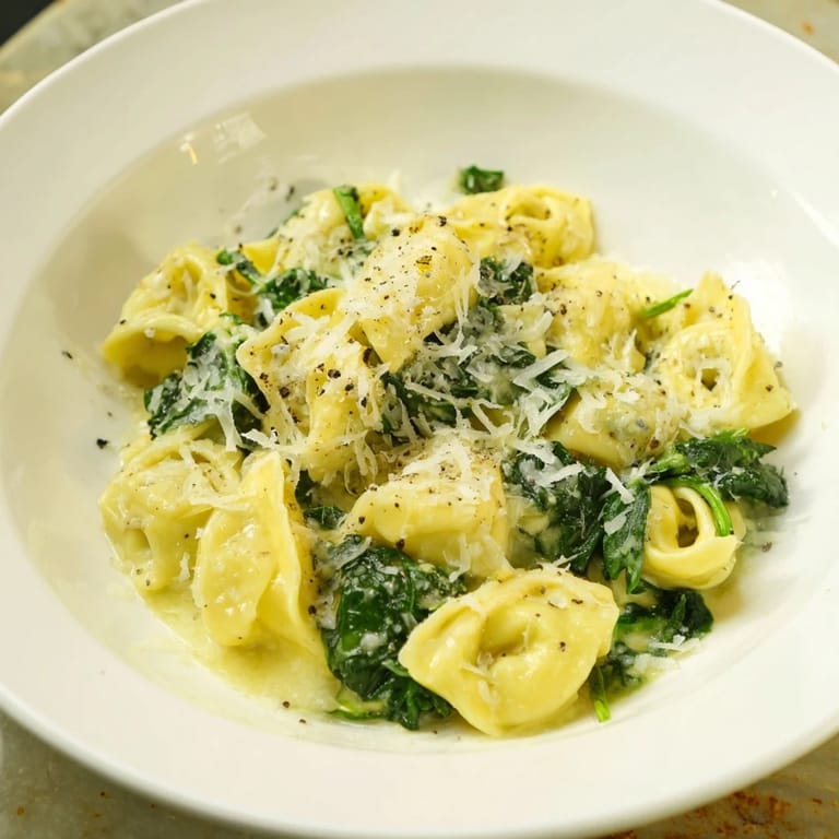A steaming skillet of creamy spinach Alfredo tortellini, perfectly coated in rich, flavorful sauce.