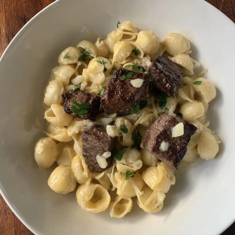 A close-up of tender garlic butter steak bites beside a serving of rich, decadent cheesy shells.