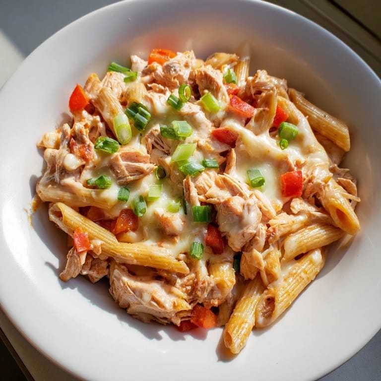 A quick and easy Buffalo Chicken Pasta Skillet, featuring tender chicken and vibrant red bell peppers.
