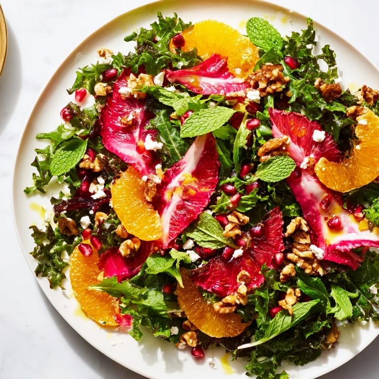 A close-up of a delightful Winter Greens Salad with Citrus, ready to enjoy with a tangy citrus dressing.