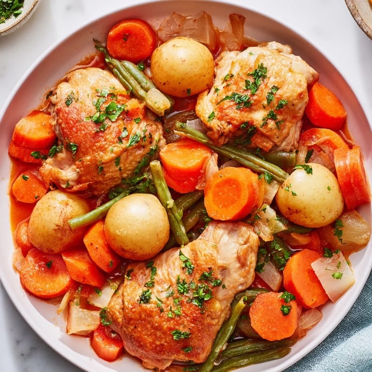 Enjoy the aroma of this filling homemade Slow-Cooker Chicken & Vegetable Stew, garnished with fresh parsley.