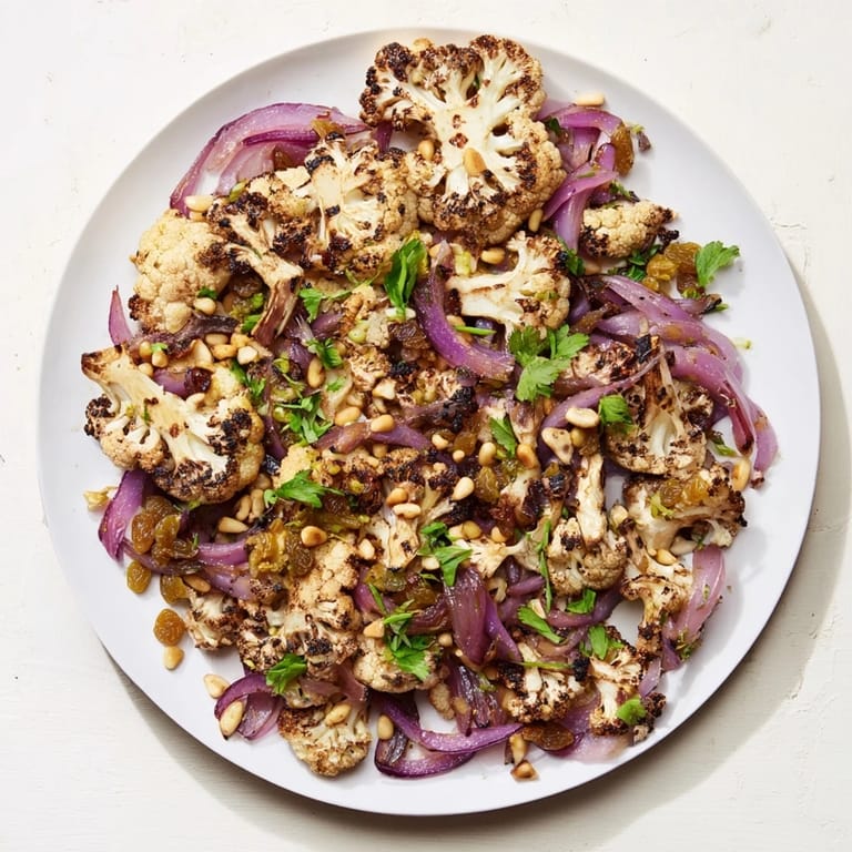 Mediterranean delight: Warm Roasted Cauliflower Salad, featuring toasted pine nuts and zesty flavors.