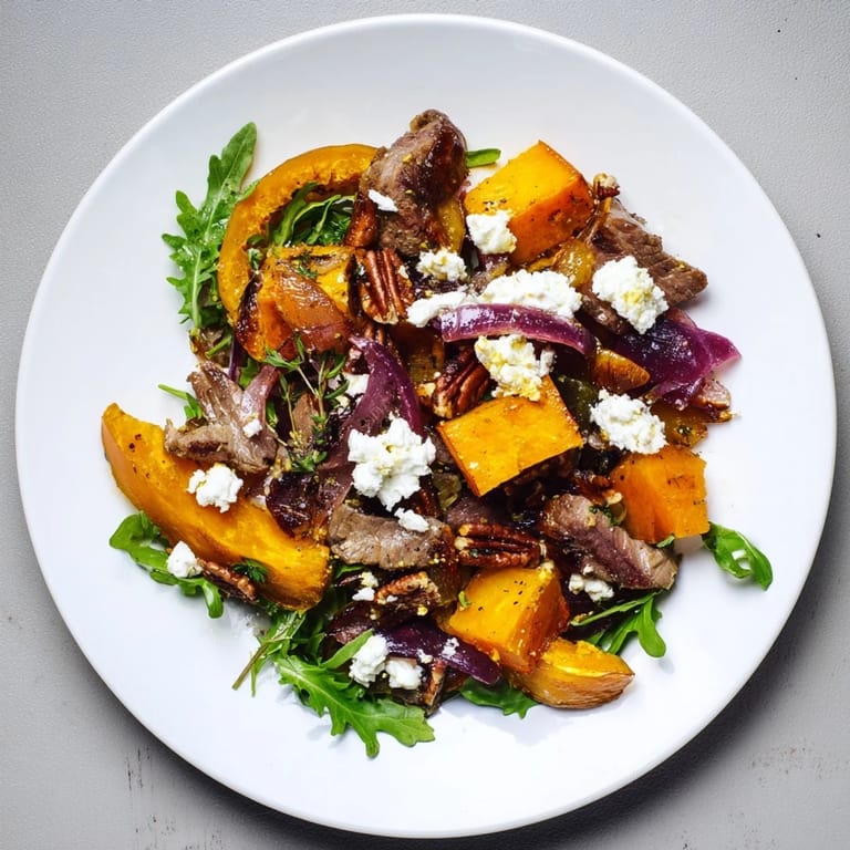 Savory Roasted Chicken & Winter Squash Sheet-Pan Salad featuring golden squash, tender chicken, and vibrant, fresh greens.