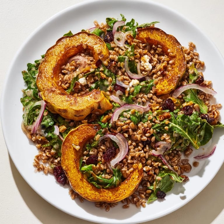 Earthy farro combines with sweet squash in this inviting Farro & Mustard Green Salad recipe.