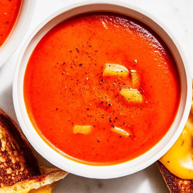 Warm, flavorful 5-Ingredient Tomato Soup served with bubbly, cheesy grilled cheese sandwiches for comfort.