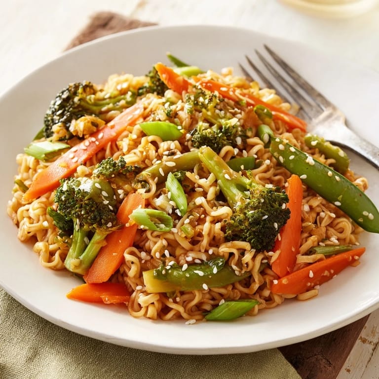 Golden sesame seeds crown the finished ramen noodle stir-fry remix, a delicious Asian-inspired dish.