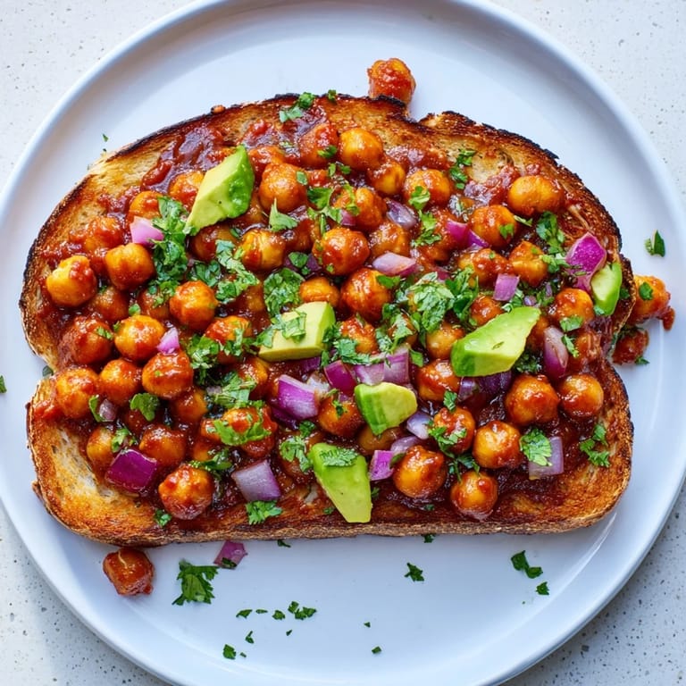 Warm, hearty BBQ Chickpeas on Toast featuring a vibrant mix of flavors and textures, ready to eat.