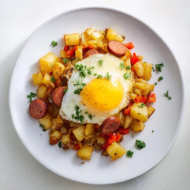 Golden-brown Egg & Potato Hash with Hot Dogs, perfect for a hearty breakfast or brunch.