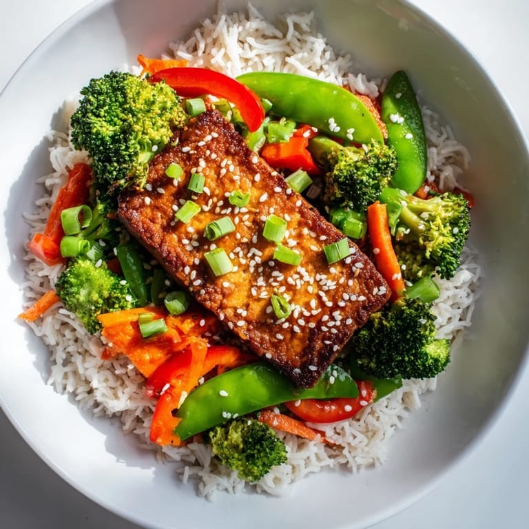 A close-up shows tender tofu steaks with rice and vegetables; a flavorful, quick plant-based meal.
