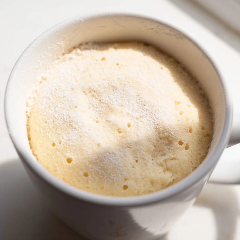 Tempting snapshot of a single-serving Microwave Mug Cake served with whipped cream and berries.