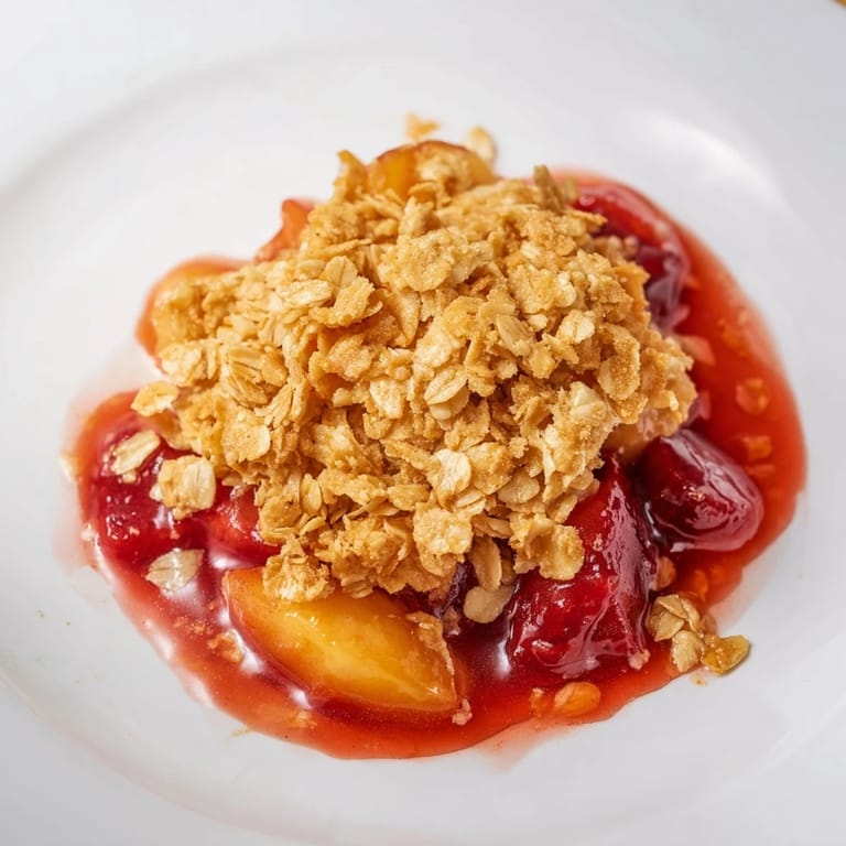 Freshly baked, warm Fruit Crisp with frozen fruit, topped with a crunchy oat crumble.