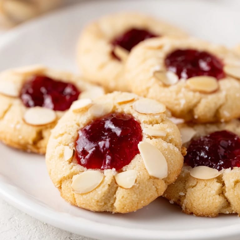 Warm, freshly baked Cherry Almond Thumbprint Cookies, showing a delicious, inviting dessert ready to enjoy.